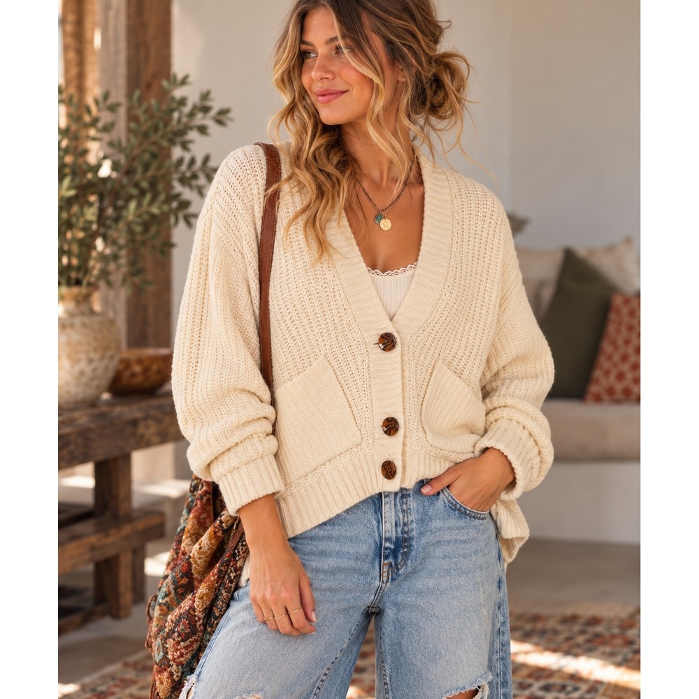 Topshop Cream Ribbed Oversized Cardigan Sweater Tortoise Button Ivory US 8
